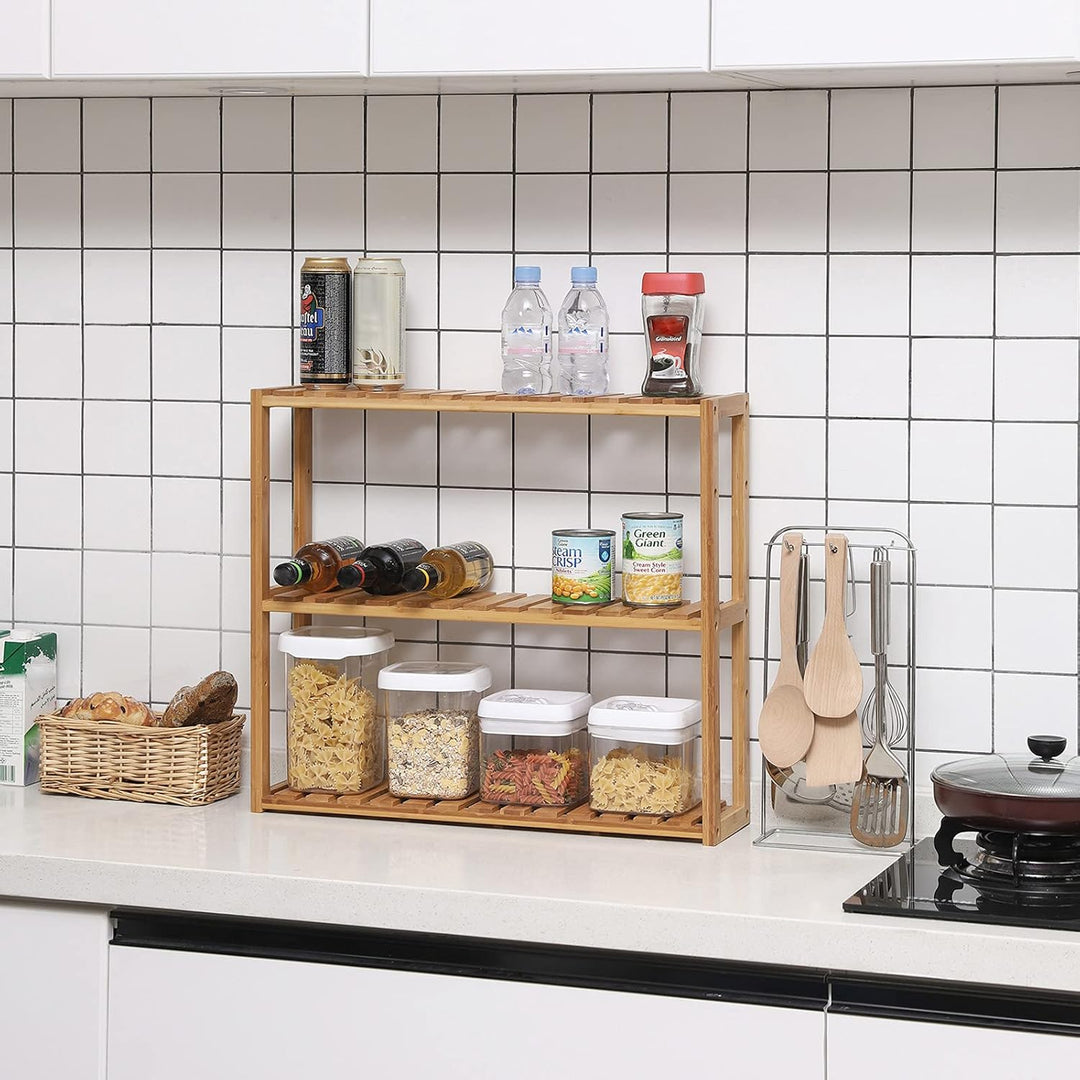 SONGMICS Badregal, Badezimmerregal, Bambus-Regal, Pflanzenregal mit 3 verstellbaren Ablagen, Wandmon