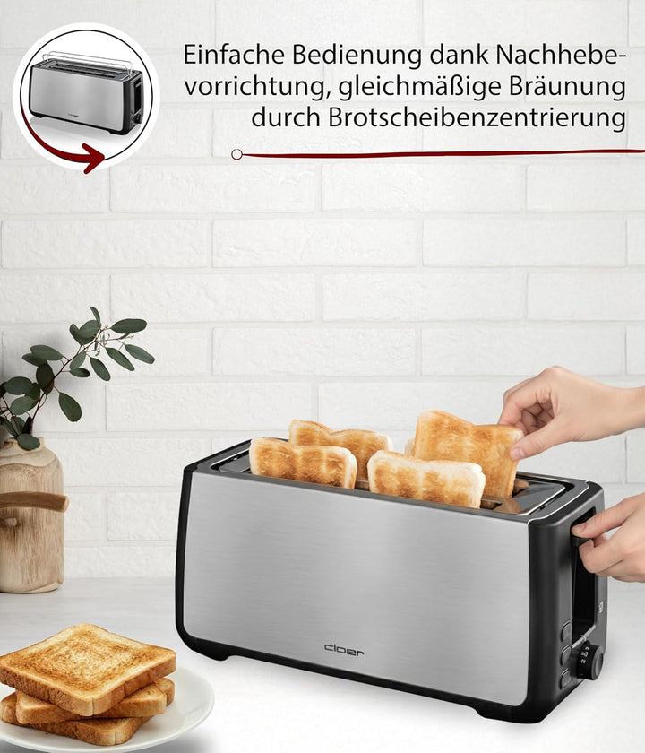 Cloer 3579 King-Size Toaster für 4 XXL Scheiben, Check-Funktion, Edelstahlgehäuse, 1500 Watt, schwar
