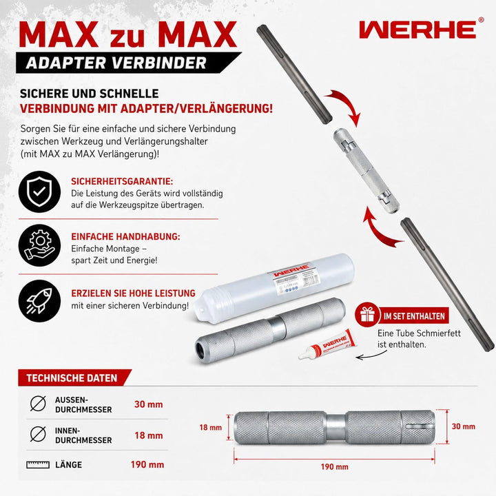 WERHE ® Adapter SDS Max auf SDS Max aufnahme verbinder – robust und stabil, hergestellt aus Stahl –