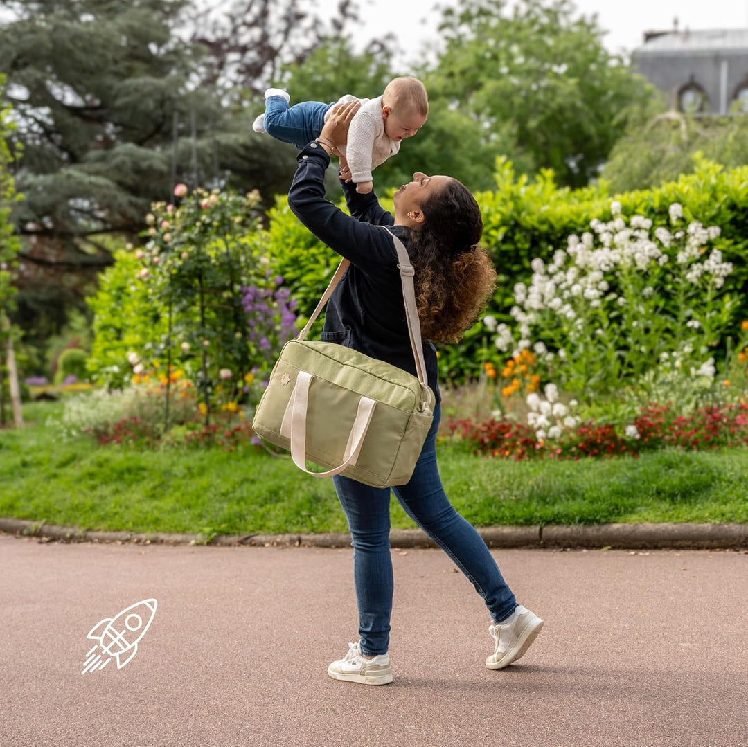 Badabulle Wickeltasche Bowling Olive - Kinderwagentasche inklusive Wickelauflage, Olive