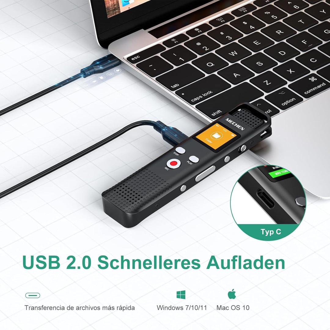 MECHEN V02 Diktiergerät 128GB, 1536kbps Digitales Aufnahmegerät mit One-Touch Aufnahme & Rauschunter