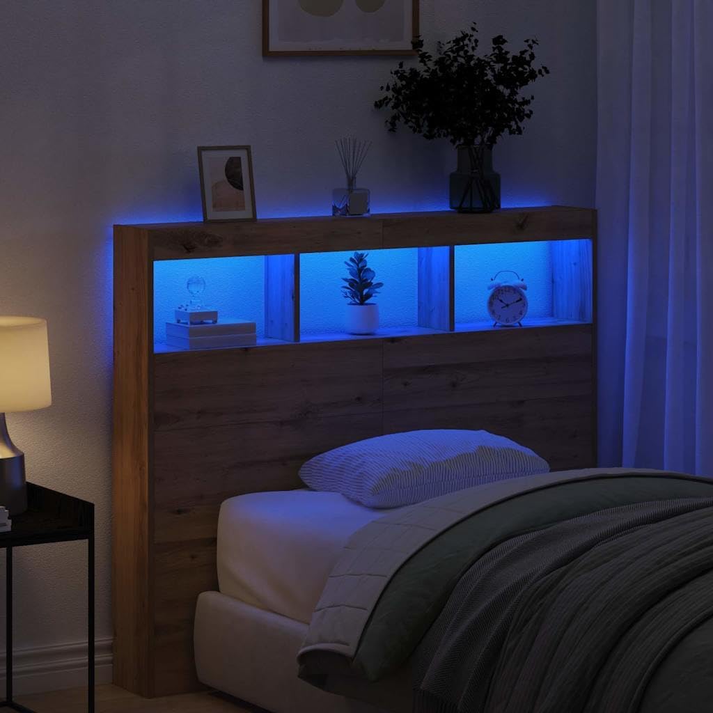 vidaXL Artisan Eichen Kopfteil mit blauen Regalen Massives Holzdesign Stylisches und funktionales Be