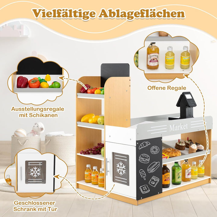 COSTWAY Kaufmannsladen, Kaufladen Kinder mit Einkaufswagen, Supermarkt Holz mit Kasse &amp; 2 Tafeln, Ei