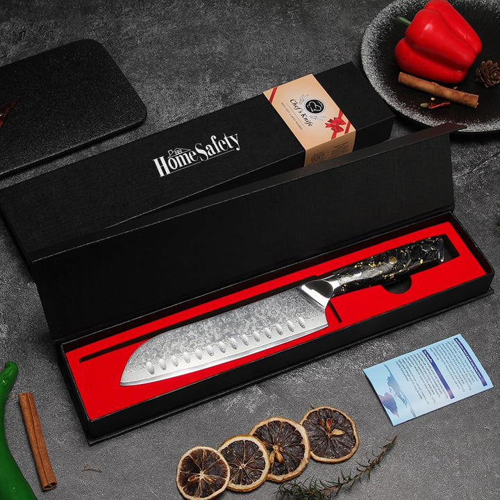 Home Safety Santoku Messer Damast - Damastmesser Profi Kochmesser I extra Scharfes 17.8cm Klinge aus
