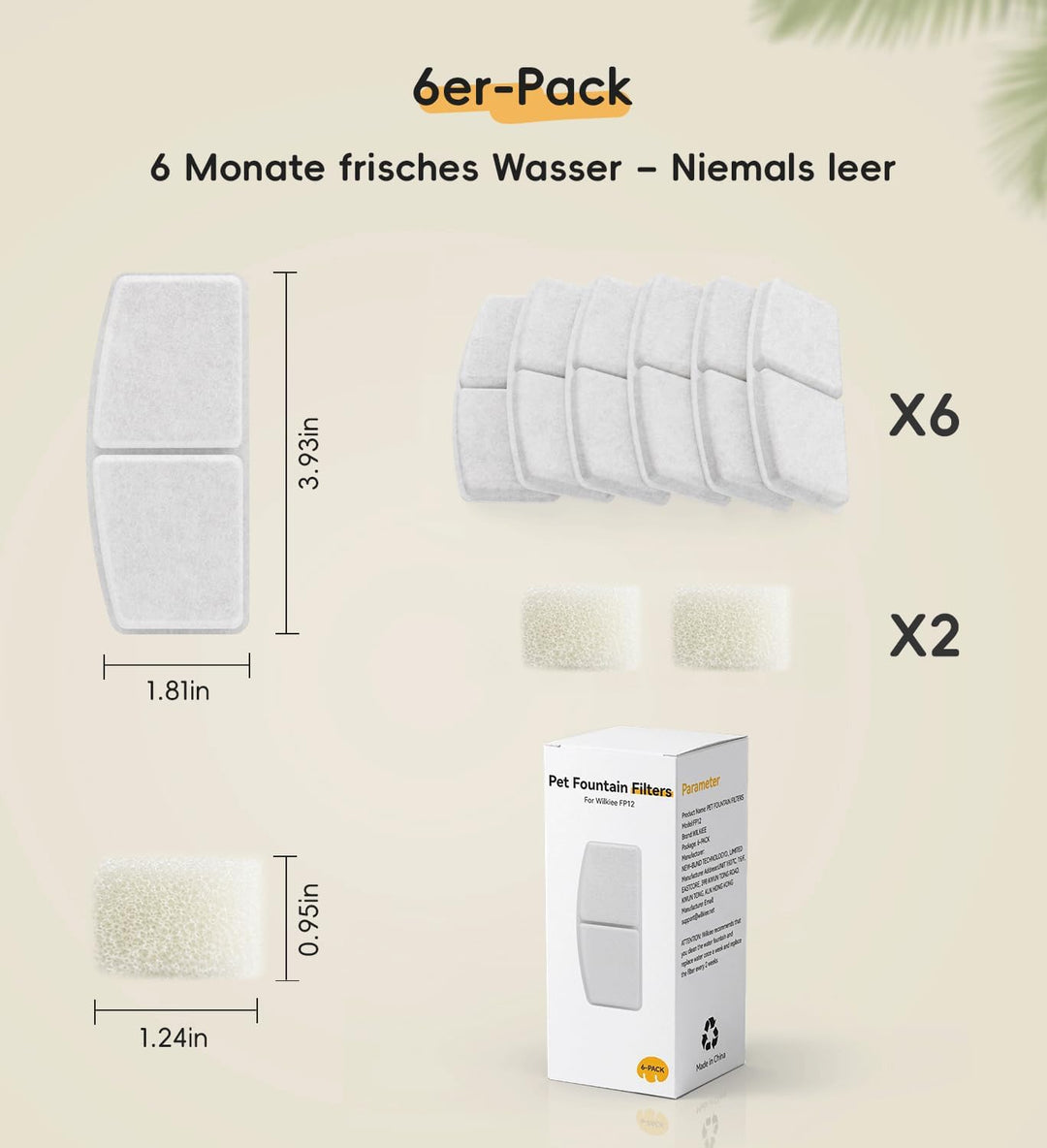 Katzenbrunnen kabellos, 2,8 L Trinkbrunnen für Katze mit 3 Filter (6er-Pack Ersatzfilter), 6er-pack