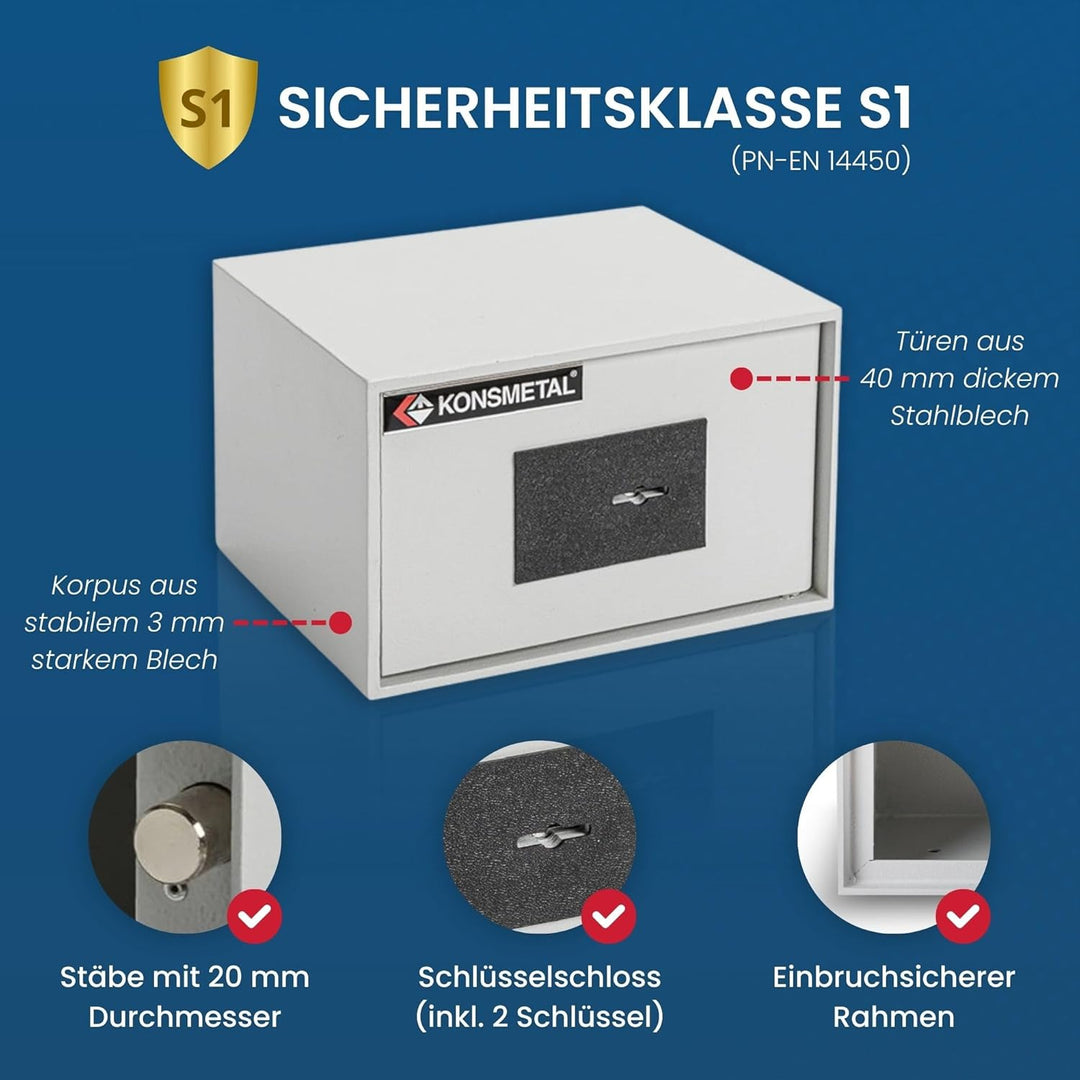 Konsmetall - Tresor für Zuhause Kolibri 2.0 34 S1, Safe Tresor mit Schlüssel Abschliessbar, Möbeltre
