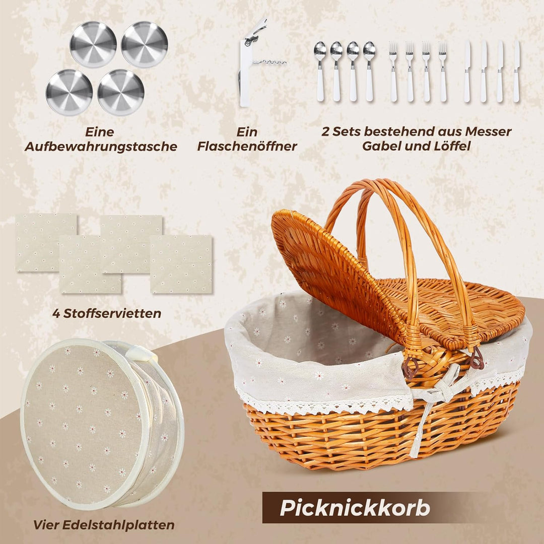 Picknickkorb-Set aus Weide für 4 Personen mit Deckel und Griff. Picknickkorb mit waschbarem Futter u