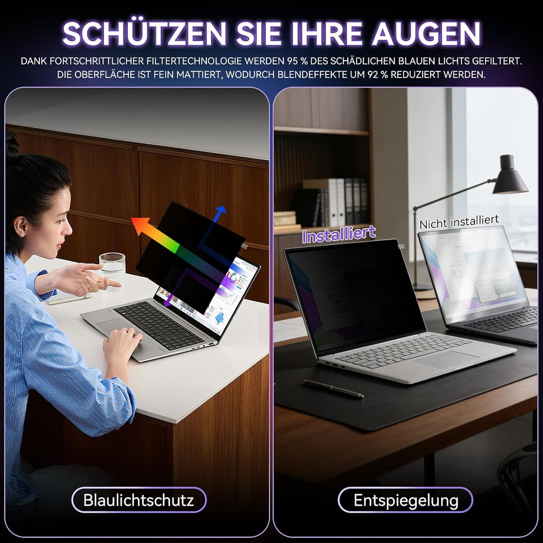 Blickschutzfolie für Laptop 13,3 Zoll 16:9, Anti Glare & Blaulichtfilternd, Mit Randseitigen Klebest