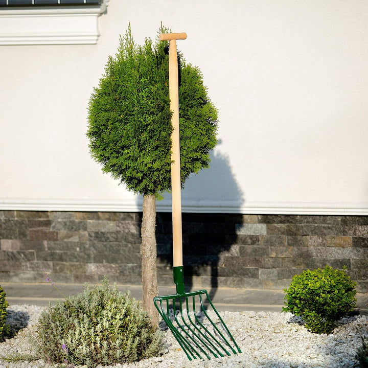 KADAX Steingabel, Forke mit langem Holzstiel, 9 Zinken, Spatengabel, Heugabel, Grabegabel, Mistgabel
