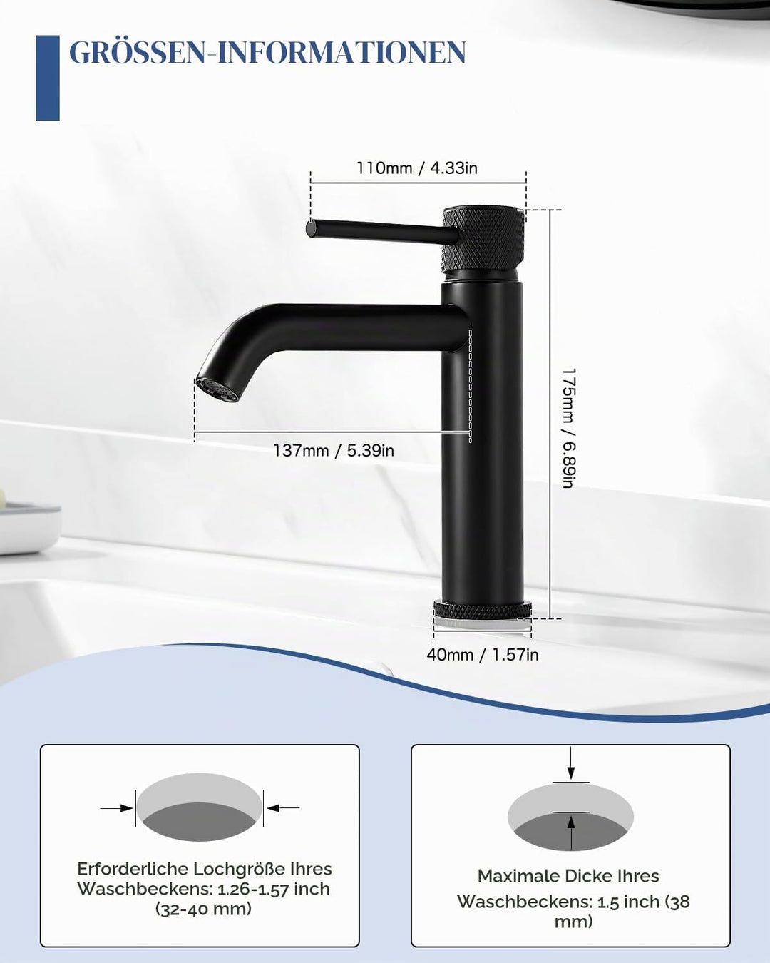 Wasserhahn Bad Waschtischarmatur Schwarz, Waschbecken Armatur Badezimmer, Einhebelmischer Mischbatte
