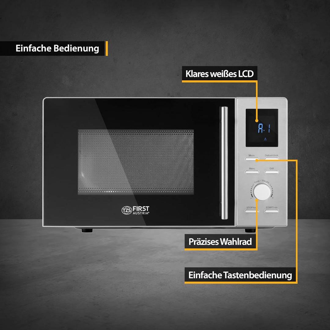 TZS First Austria 2-in-1 Mikrowelle mit Grill, 700W, 900W Grill, digital, 20L Kapazität, LED-Display