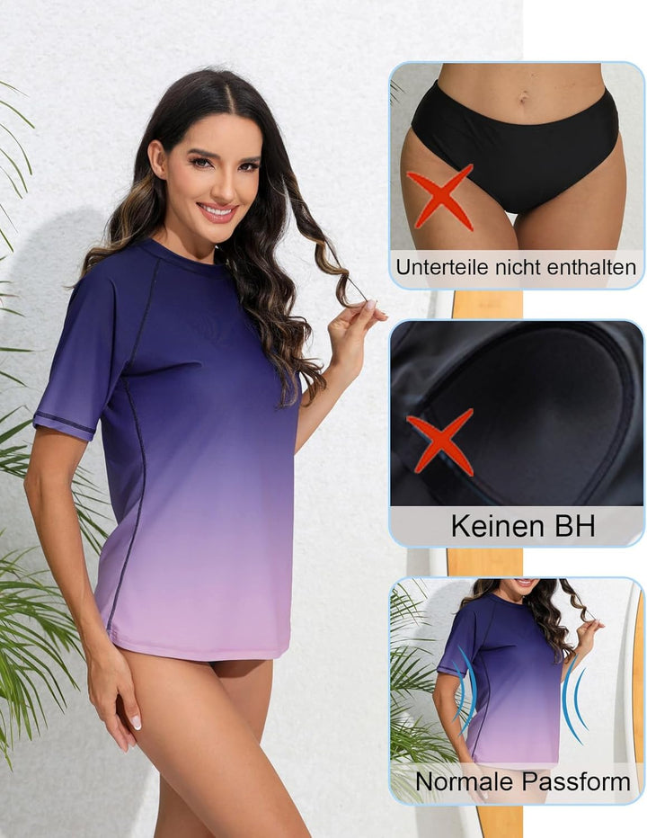 Halcurt UV Shirt Damen Kurzarm Rash Guard UPF 50+ Schwimmshirt Schnell Trocknender Badeshirt S-XXL S