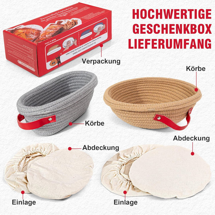 Gärkörbchen- Sauerteig Brot Gärkorb Set – 23 cm Rund & 26 cm Oval mit Bezug & Deckel | Natursauertei