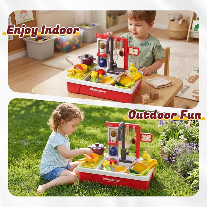 Kinder Küchenspüle Spielzeug Set mit Wasserkreislauf &amp; Fliessendem Wasser, Geschirrspüler, Spülbecke