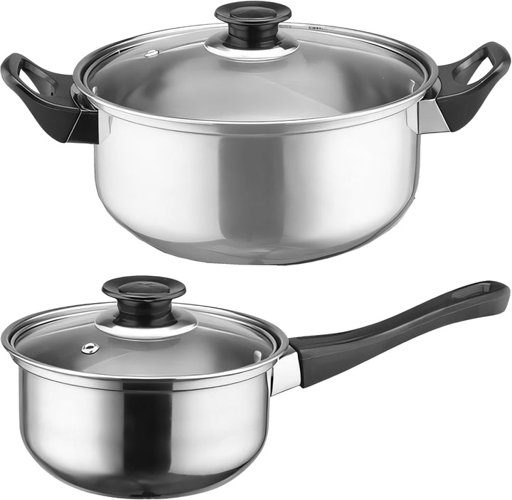 Retoo Kochtopfset 12-teilig aus Edelstahl, Töpfe mit Glasdeckel, Kochtöpfe mit ergonomischen Griffen