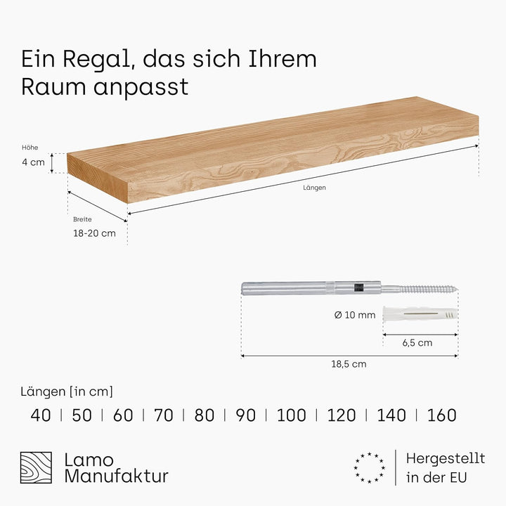 LAMO Manufaktur Wandregal Holz Gerade | Regal Farbe: Roh | Invisible: Schweberegal | 40 cm Invisible