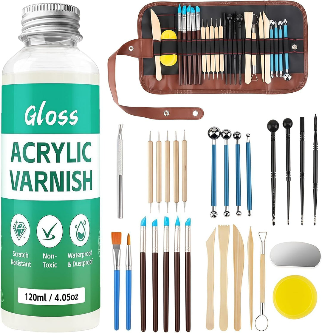 120ml Air Dry Clay Glaze - 30Pcs Tonglasur mit lufttrocknendem Ton Werkzeug Set, Modellierwerkzeug W