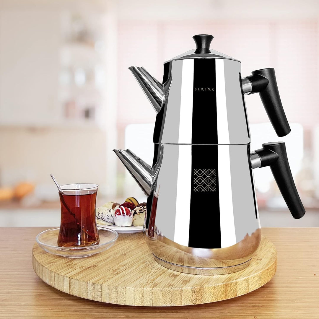 Serenk Edelstahl-Teekannen-Set, 1L &amp; 2L, Doppelstöckig, Induktionsgeeignet, Schwarzer Griff Silber/S