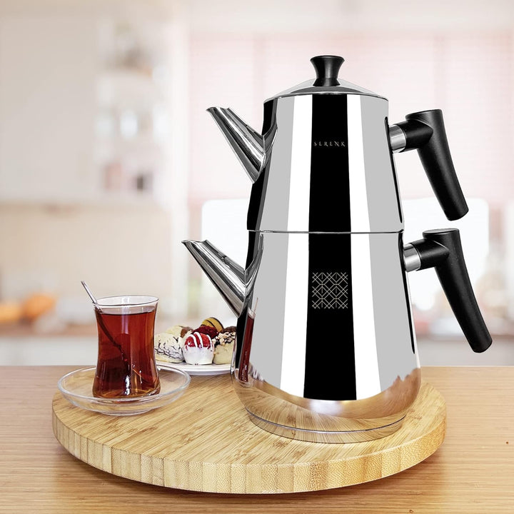 Serenk Edelstahl-Teekannen-Set, 1L &amp; 2L, Doppelstöckig, Induktionsgeeignet, Schwarzer Griff Silber/S