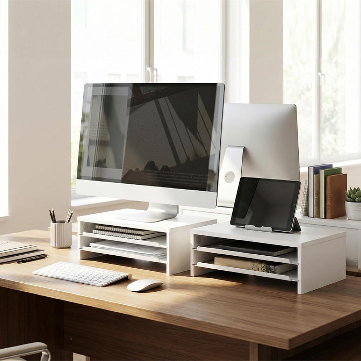 Fenge Monitorständer, Monitorerhöhung mit Ablage, Holz und Metall, Schreibtisch-Organizer für Zuhaus