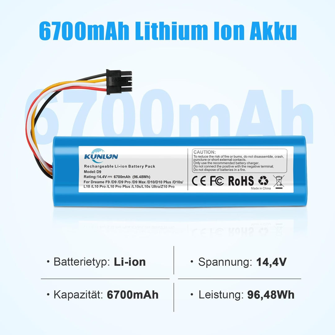 KUNLUN 14,4V 6700mah Ersatzakku für Dreame L10s Ultra D10/D10 Plus/D10s/L10/ L10s/Z10 Pro, für Dream