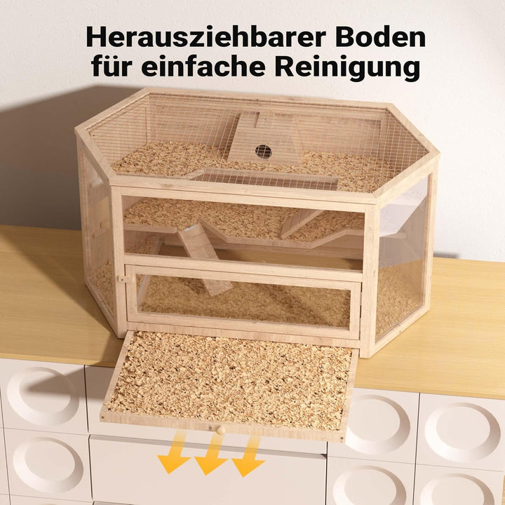 Wiltec XXL 3 Etagen Nagerkäfig, 6-eckig, 1150 x 600 x 580 mm, aus Holz, mit klappbarem Deckel &amp; Sich