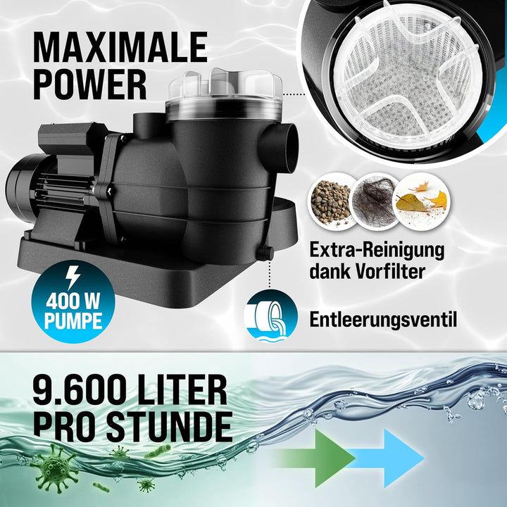 MONZANA Pool Sandfilteranlage SF96K 9600 L/h bis 30.000L | inkl. Filterglas, 7 Wege Ventil, 2in1 Ada