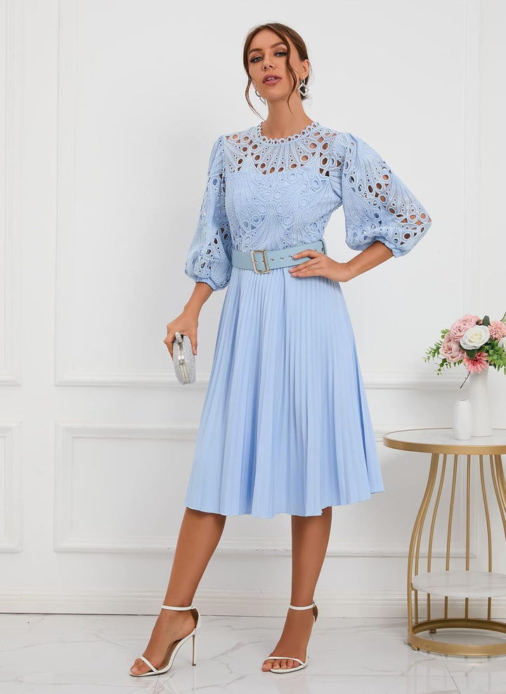 IWFEV Spitzenkleid, plissiert, Puffärmel, wadenlang, kurze Ärmel, Midi-Kleid, hohles Party-Abendklei