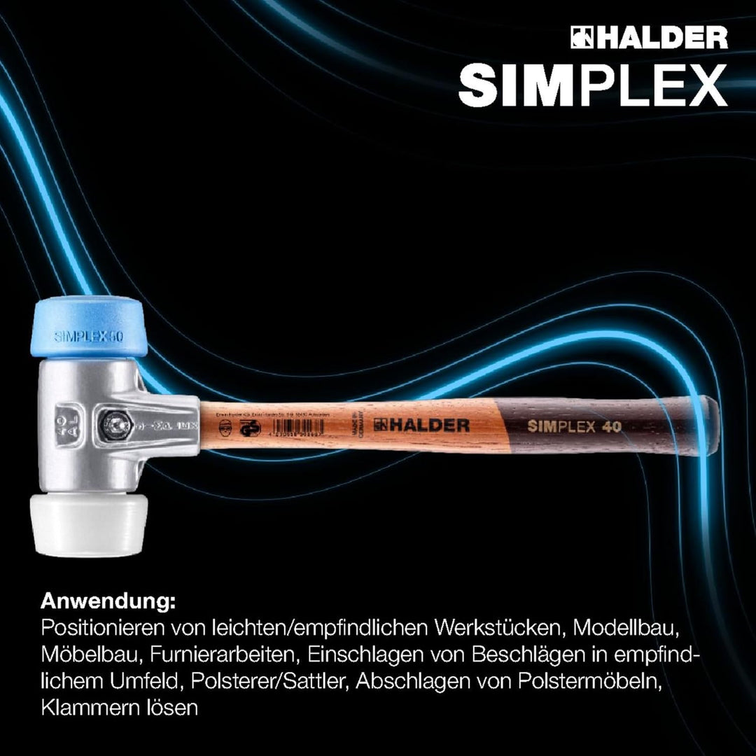 SIMPLEX-Schonhammer, TPE-soft/Superplastik; mit Aluminiumgehäuse und hochwertigem Holzstiel | D=50 m