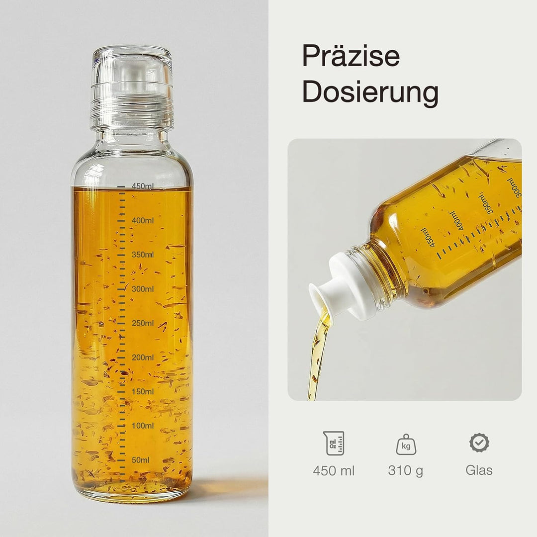 Dressingshaker aus Glas mit Skalierung 450ml | Dressing Behälter mit tropffreien Ausguss, spülmaschi
