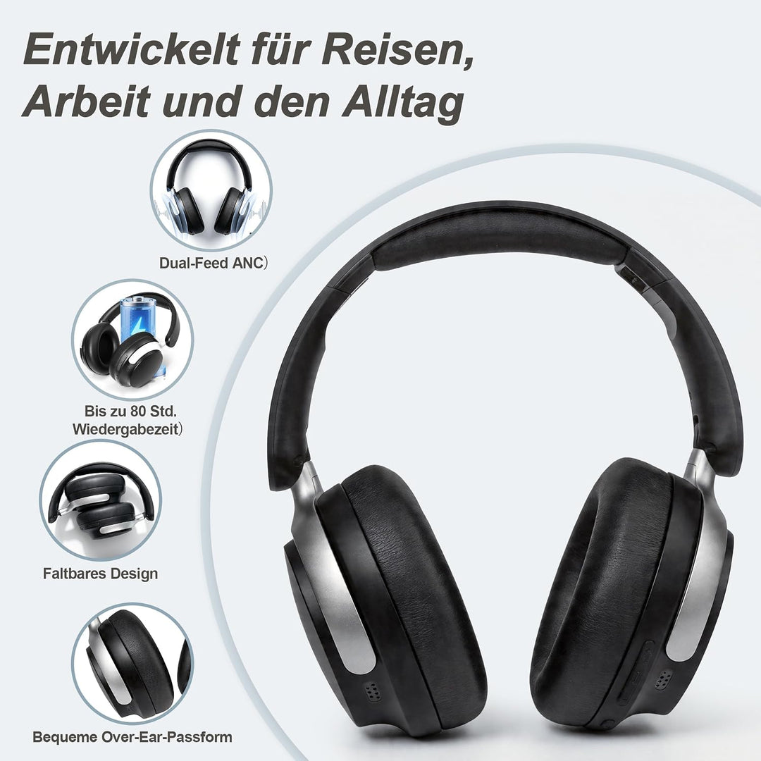Over Ear Kopfhörer Bluetooth mit Dual-Feed ANC | 80H Akku, faltbar, Memory-Foam, tiefer Bass und hoh