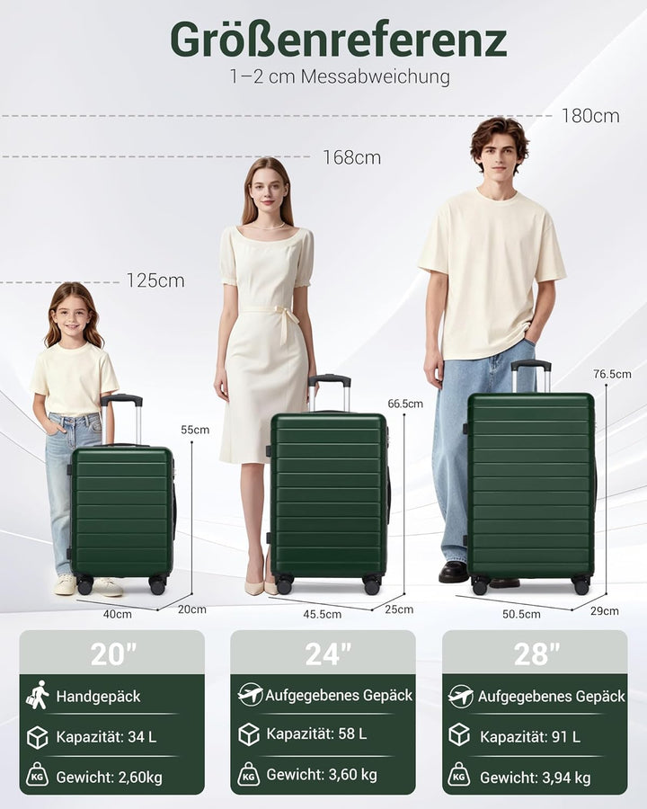 Handgepäck Koffer 3er Set, Leichter ABS+PC Reisekoffer für Flugzeug, Ryanair Trolley mit 4 Rollen, H