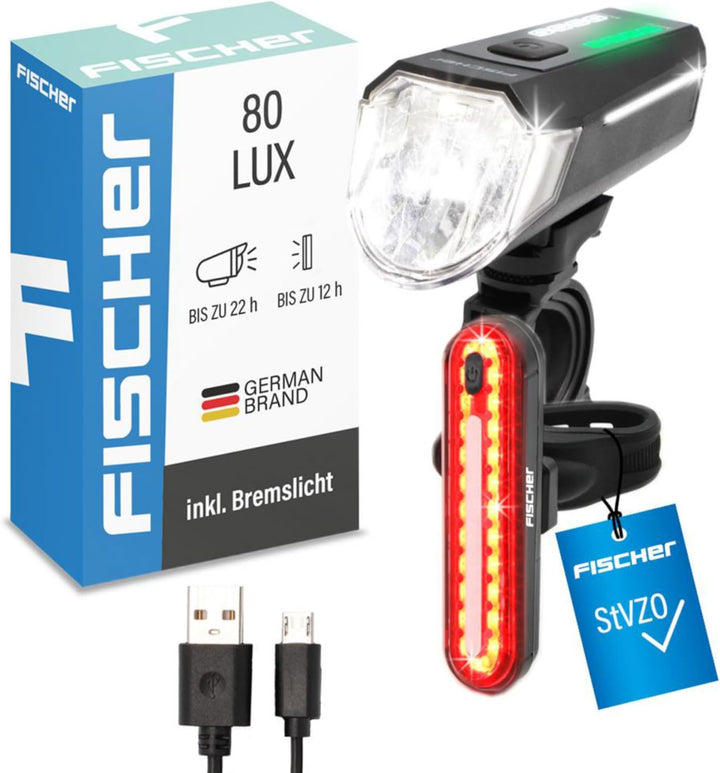 Fischer Fahrrad Beleuchtungs-Set 80/40/20 Lux, Akku-Leuchtenset Stop, Front- und Rückleuchte, mit Ak