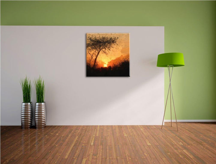 Pixxprint Einsamer Baum bei Sonnenuntergang, Format: 70x70 auf Leinwand, 70x70