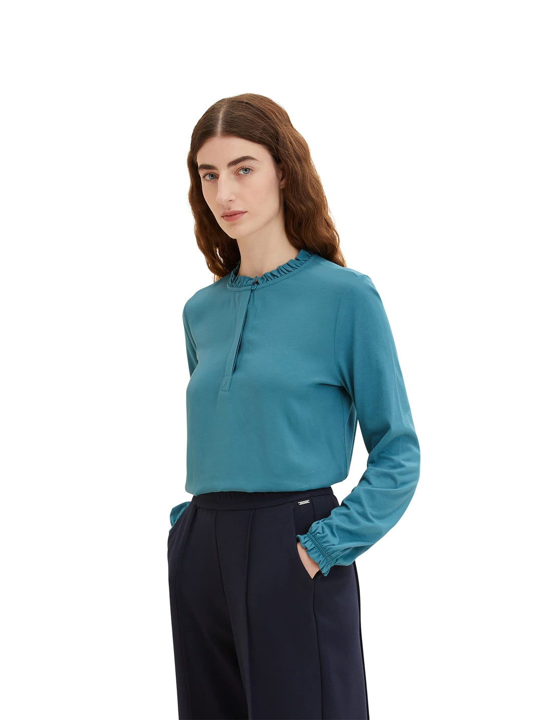 TOM TAILOR Damen Langarmshirt mit Rüschendetail XL 13222 - Pastel Teal, XL 13222 - Pastel Teal