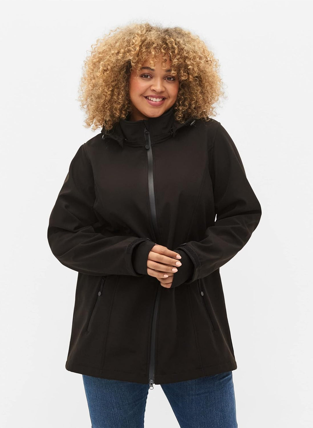 Zizzi Damen Grosse Grössen Softshell Jacke Kurz Kapuze Gr 58-60 Schwarz, 58-60 Schwarz