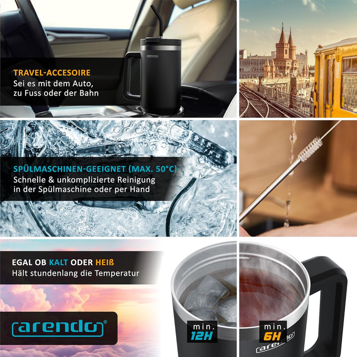 Arendo – Trinkflasche Thermobecher Doppelwandig - 1200 ml – Vakuumgehäuse Edelstahl - Kaffeebecher A