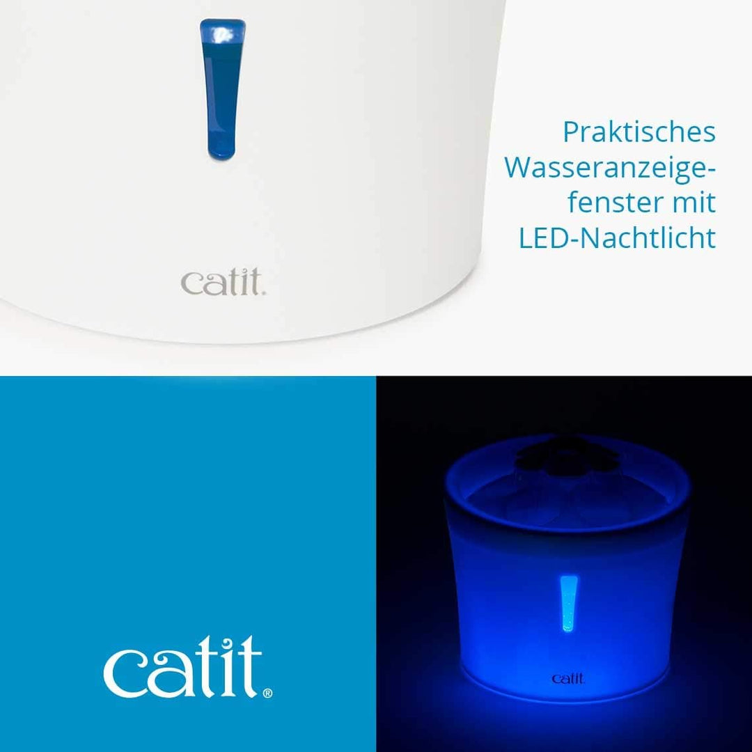Catit Flower Fountain, Blumentrinkbrunnen mit LED für Katzen, 3L, weiss/blau
