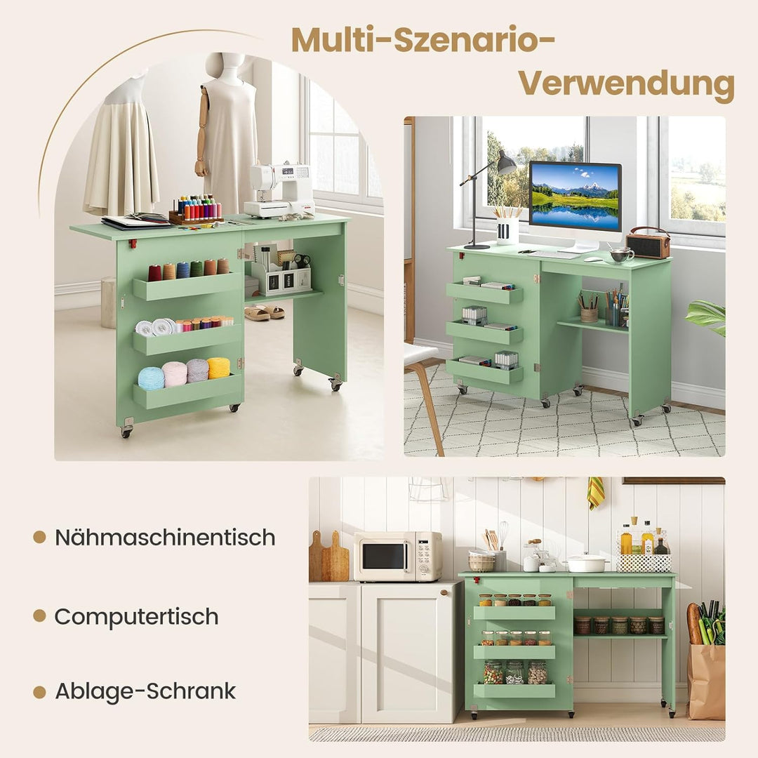 COSTWAY 2 in 1 Nähtisch klappbar, Nähmaschinenschrank Holz mit Regalen &amp; Ablagefach, Nähschrank mit