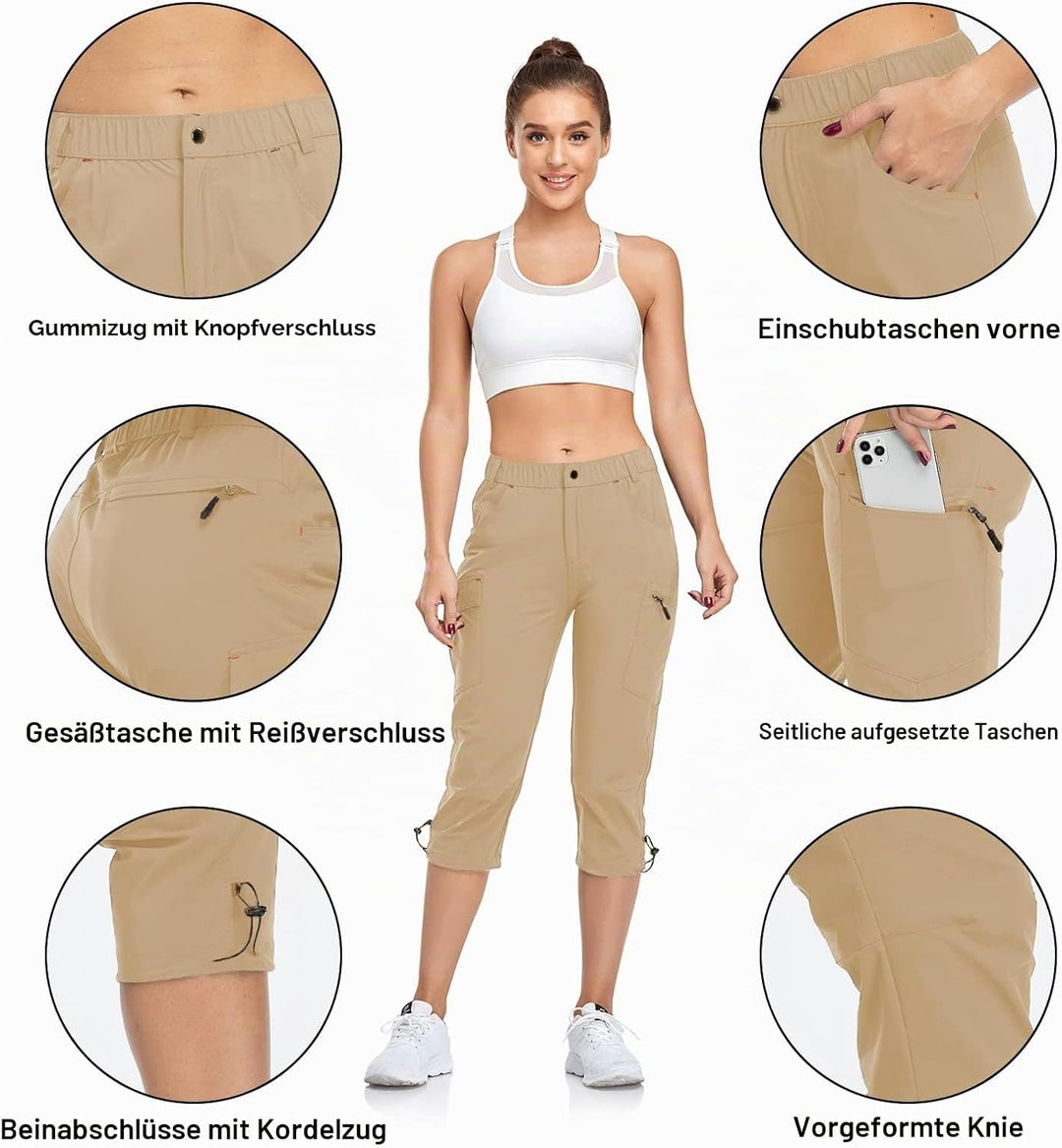 GymBrave Damen-Cargohose, schnelltrocknend, Outdoor-Camping-Caprihose, wasserabweisend, LSF 50, mit