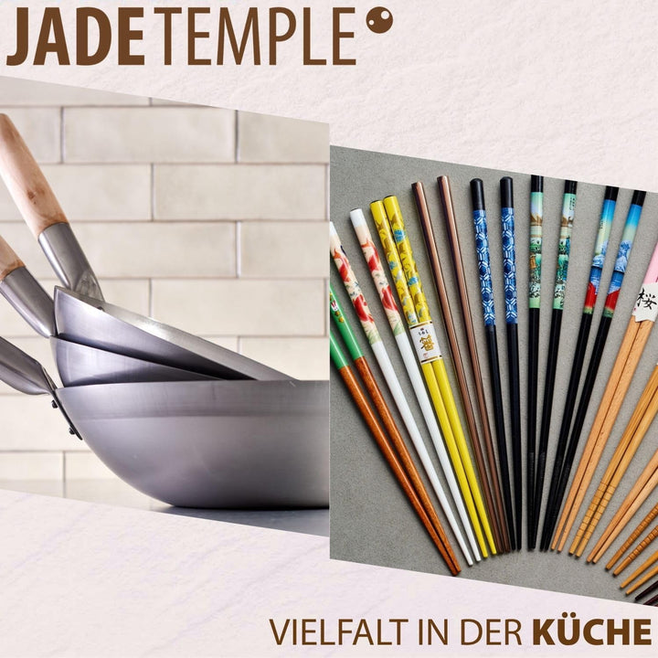 JADE TEMPLE Wok aus Carbonstahl, mit flachem Boden und 35 cm Durchmesser, mit rundem Holzgriff Durch