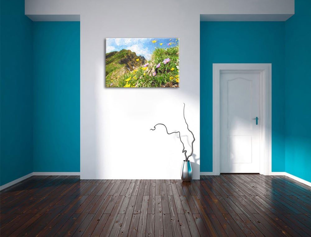 Pixxprint Bergwiese im Frühling als Leinwandbild/Grösse: 100x70 cm/Wandbild/Kunstdruck/fertig bespan