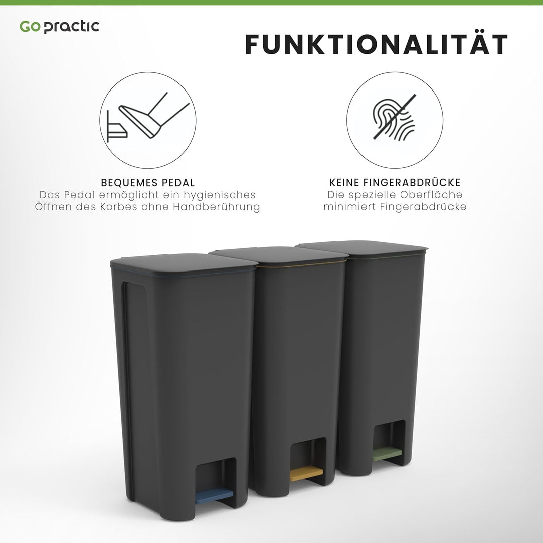 Treteimer Set 3x40L Grau, Tretmülleimer mit Pedal und Deckel, Mülleimer, Mülltrennsystem für Papier,