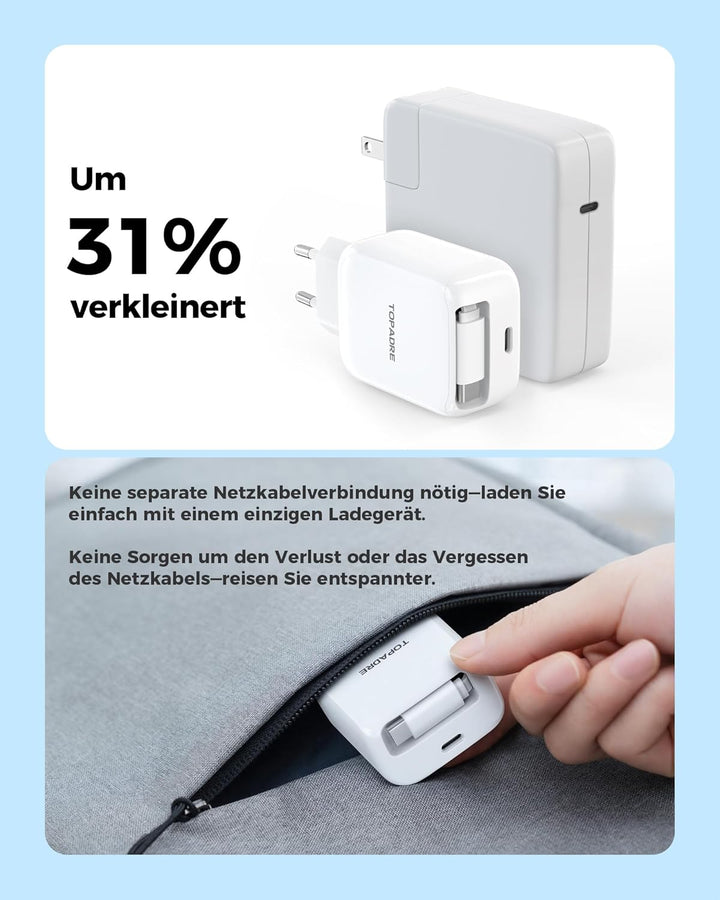 30W USB C Ladegerät, 2 Pack Schnellladegerät mit Einziehbares Ladekabel, GaN Ladegerät PD 3.0 Power