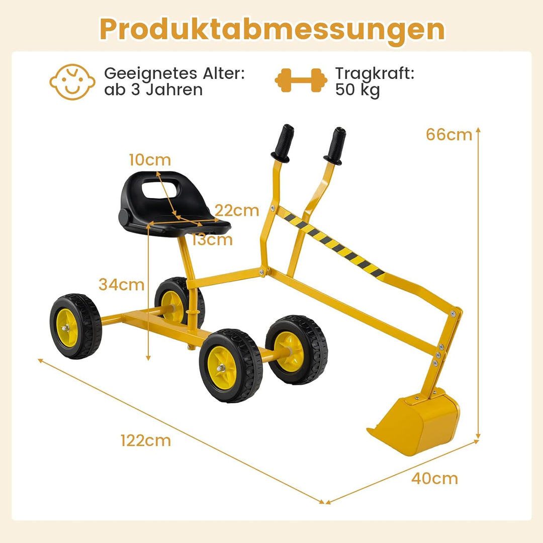 DREAMADE Sandbagger für Kinder, Aufsitzbagger mit 360° drehbarem Sitz, flexiblem Schaufelarm, ergono