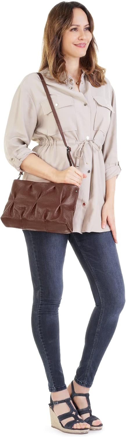 Umhängetasche Echt Leder Damen Made in Italy, Knautsch Clutch, Umhängetasche für Smartphone, Handtas