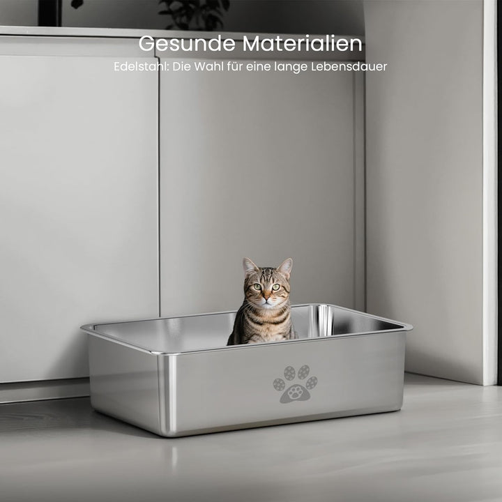 PTLOM Lebensmittelgrade Katzenklo Edelstahl Katzentoilette - Katzenklo Offen Gross Mit Niedrigem Ein