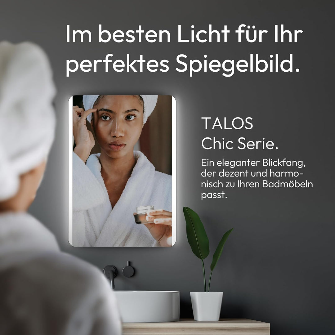 Talos Badspiegel mit Beleuchtung Chic - Badezimmerspiegel 50 x 70 cm - Badspiegel mit hinterleuchtet