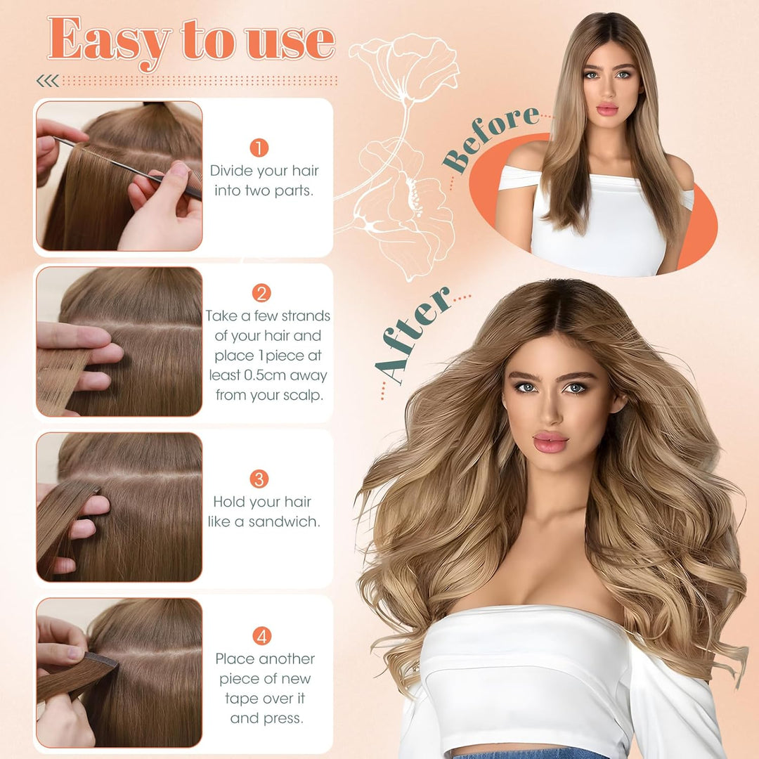 Benehair Tape in Extensions Echthaar, Invisible Tape Extensions Echt Haar, 30CM Haarverlängerung Ech
