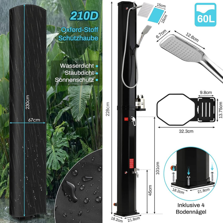 Solardusche, Solar Gartendusche 60 Liter inkl. Handbrause, 360° Duschkopf, Fussdusche, Gartenschlauc